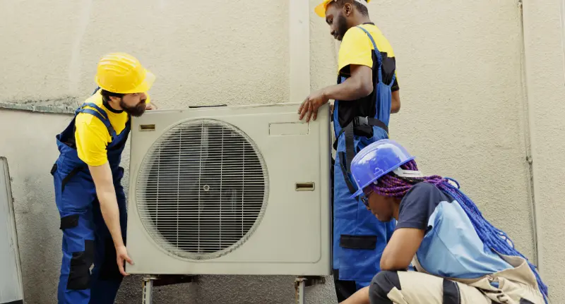 Team replacing old air conditioner